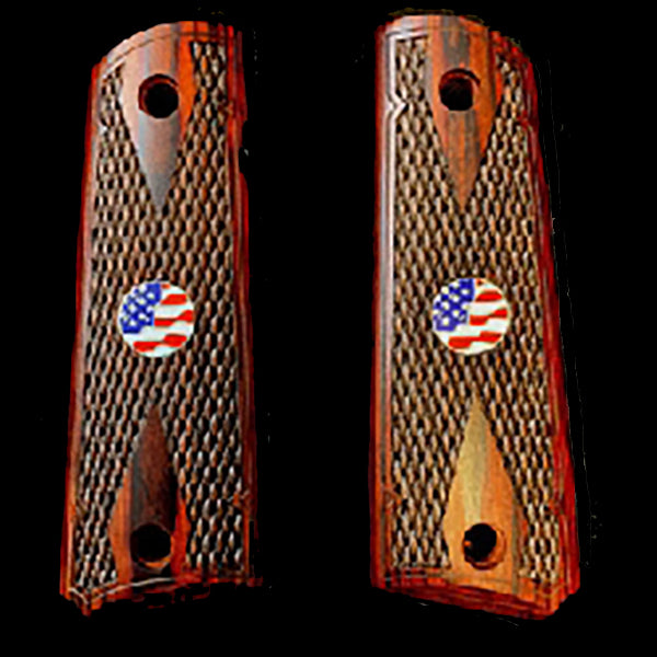 1911 Full Size Double Diamond Checkered Rosewood Grips w/ US Flag Medallion - WoodWorld of Texas