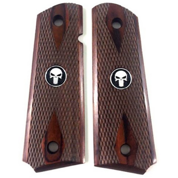 1911 Full Size Double Diamond Checkered Rosewood Grips w/ Punisher Black Medallion - WoodWorld of Texas