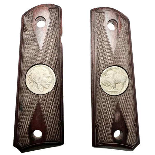 1911 Full Size Double Diamond Checkered Rosewood Grips with Buffalo Nickel (Real) - WoodWorld of Texas