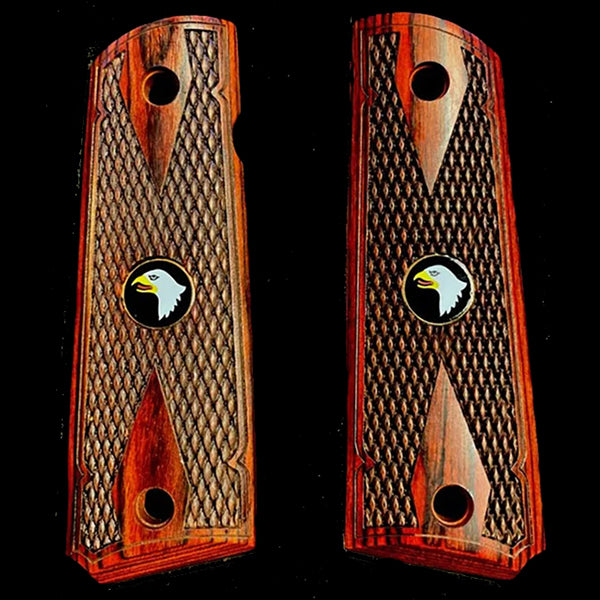1911 Full Size Double Diamond Checkered Rosewood Grips w/ Screaming Eagle Medallions - WoodWorld of Texas
