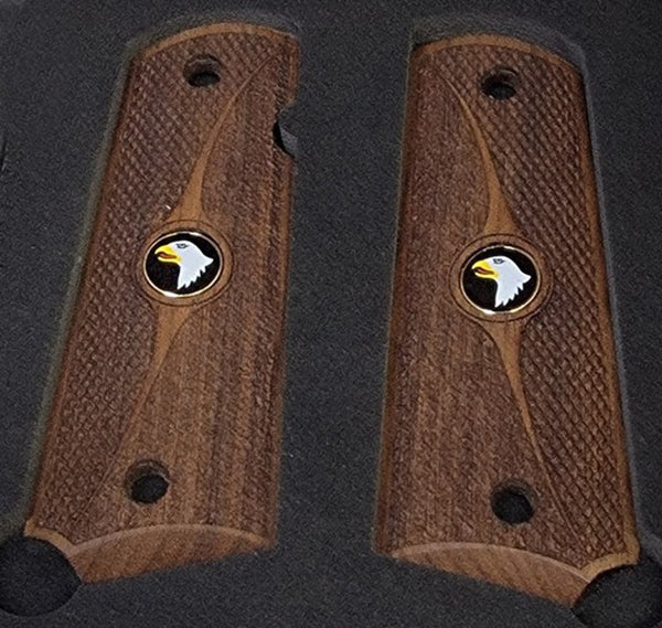 1911 Full Size Grips Unfinished Walnut Checkered and Stippled with Curved Detail and a Screaming Eagle Medallion