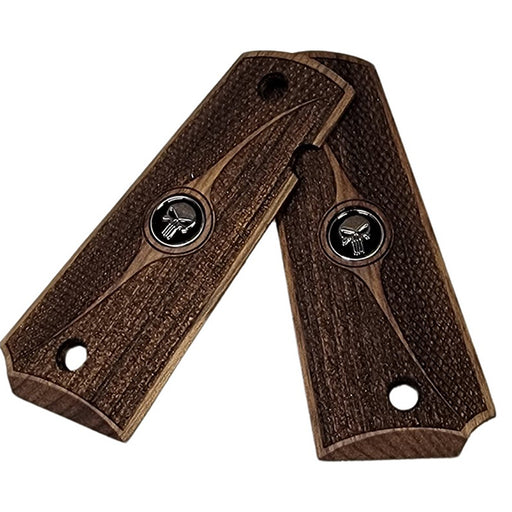 1911 Full Size Grips Unfinished Walnut Checkered and Stippled with Curved Detail and a Punisher Black Medallion - WoodWorld of Texas