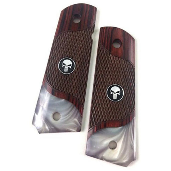 1911 Full Size Checkered Rosewood Grips Pearl Accent w/ Punisher Black Medallion - WoodWorld of Texas