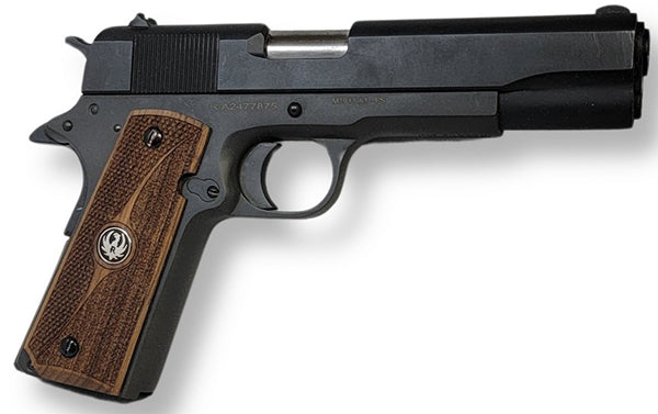 1911 Full Size Grips Unfinished Walnut Checkered and Stippled with Curved Detail and a Ruger Black Medallion - WoodWorld of Texas