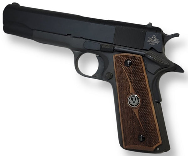 1911 Full Size Grips Unfinished Walnut Checkered and Stippled with Curved Detail and a Ruger Black Medallion - WoodWorld of Texas