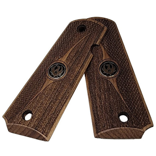 1911 Full Size Grips Unfinished Walnut Checkered and Stippled with Curved Detail and a Ruger Black Medallion - WoodWorld of Texas