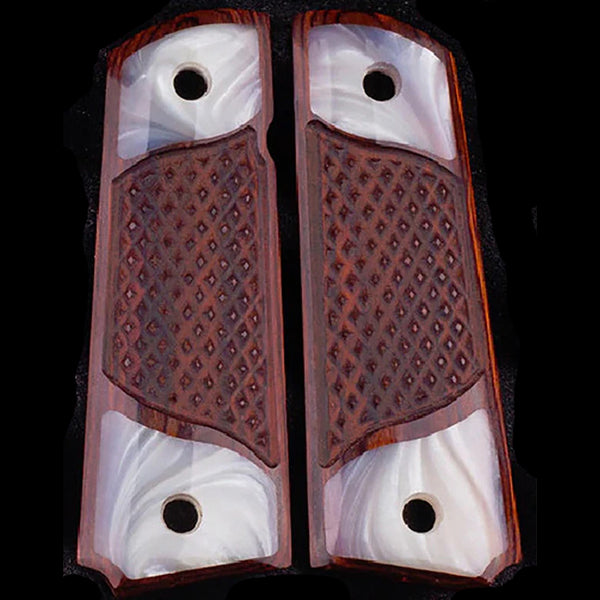 1911 Full Size Checkered Medium Rosewood Grips Pearl Accents
