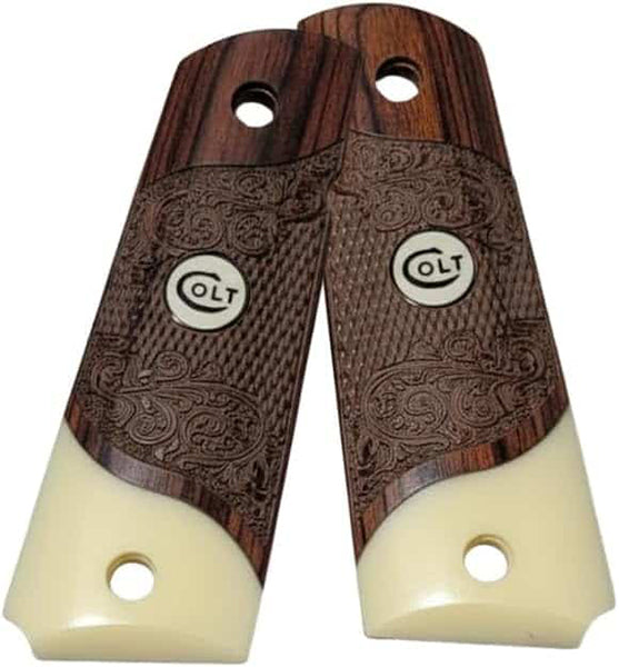 **1911 Full Size Checkered & Engraved Rosewood Grips w/ Acrylic Ivory Accent Colt Logo White Medallion - WoodWorld of Texas