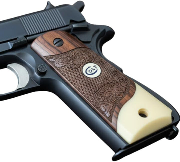 **1911 Full Size Checkered & Engraved Rosewood Grips w/ Acrylic Ivory Accent Colt Logo White Medallion - WoodWorld of Texas