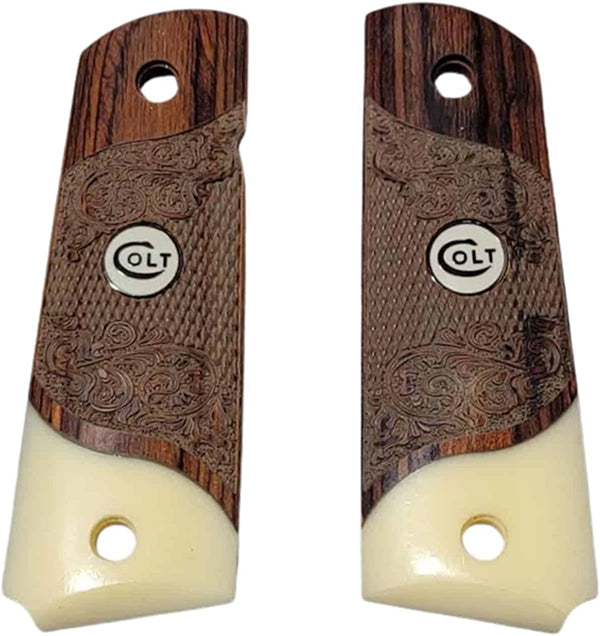 **1911 Full Size Checkered & Engraved Rosewood Grips w/ Acrylic Ivory Accent Colt Logo White Medallion - WoodWorld of Texas