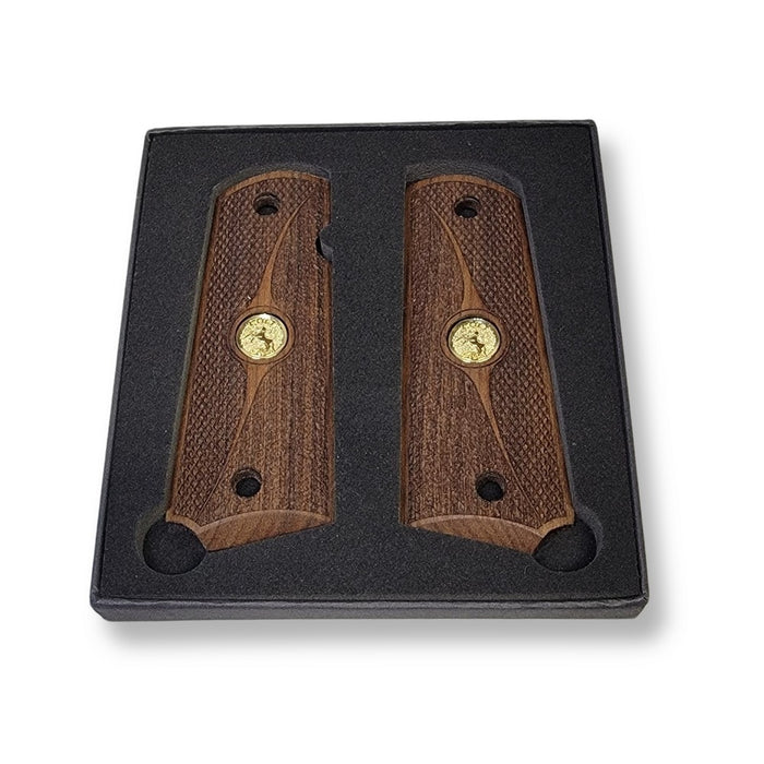 1911 Full Size Grips Unfinished Walnut Checkered and Stippled with Curved Detail and a Colt Rampant Horse Gold Medallion
