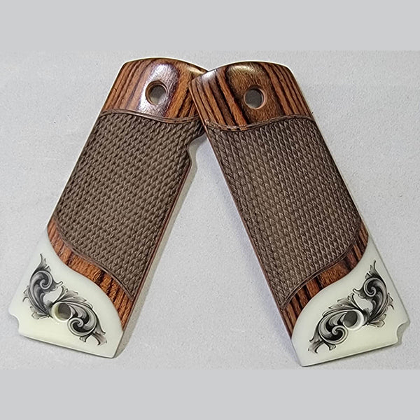 1911 Full Size Checkered Rosewood Grips Ivory Accent w/ Faux Scrimshaw