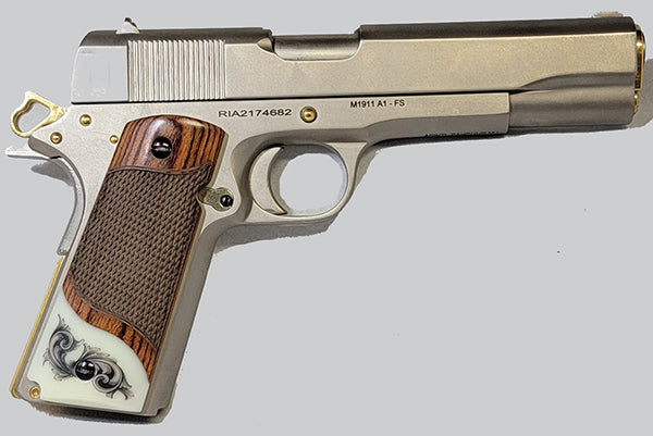 1911 Full Size Checkered Rosewood Grips Ivory Accent w/ Faux Scrimshaw