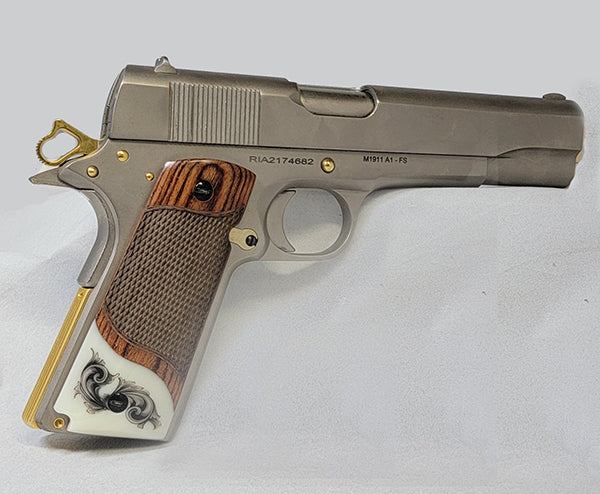 1911 Full Size Checkered Rosewood Grips Ivory Accent w/ Faux Scrimshaw