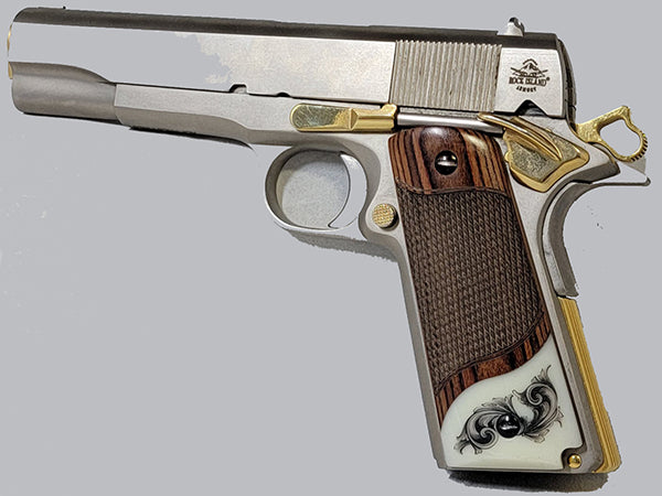 1911 Full Size Checkered Rosewood Grips Ivory Accent w/ Faux Scrimshaw