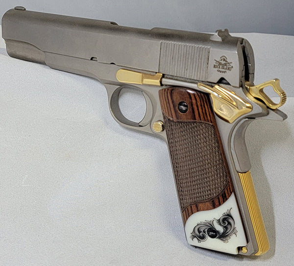 1911 Full Size Checkered Rosewood Grips Ivory Accent w/ Faux Scrimshaw