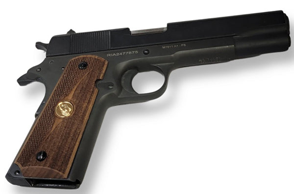 1911 Full Size Grips Unfinished Walnut Checkered and Stippled with Curved Detail and a Eagle Gold Medallion
