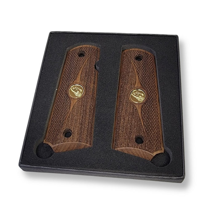 1911 Full Size Grips Unfinished Walnut Checkered and Stippled with Curved Detail and a Eagle Gold Medallion
