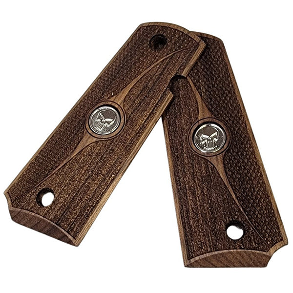 1911 Full Size Grips Unfinished Walnut Checkered and Stippled with Curved Detail and a Punisher Silver Medallion - WoodWorld of Texas