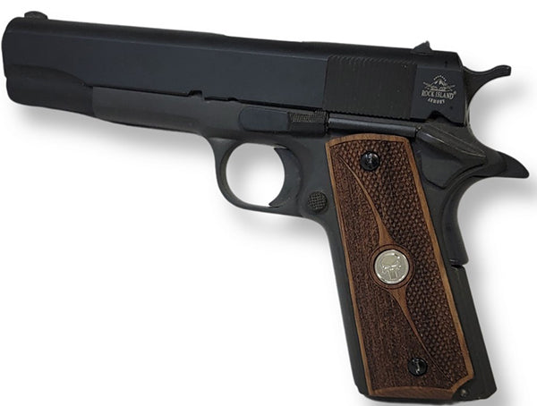 1911 Full Size Grips Unfinished Walnut Checkered and Stippled with Curved Detail and a Punisher Silver Medallion - WoodWorld of Texas