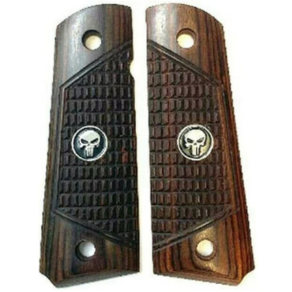 1911 Full Size Checkered Rosewood Combat Grips w/ Punisher Black Medallion