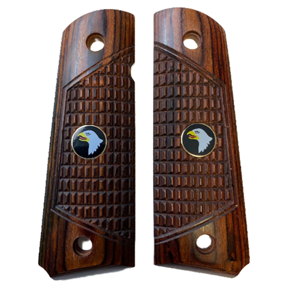1911 Full Size Checkered Rosewood Combat Grips w/ Screaming Eagle Medallions