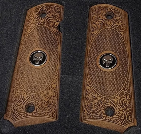 1911 Full Size Grips Unfinished Walnut Checkered in Oval and Scrollwork and a Punisher Black Medallion