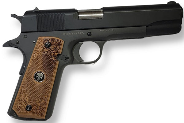 1911 Full Size Grips Unfinished Walnut Checkered in Oval and Scrollwork and a Punisher Black Medallion