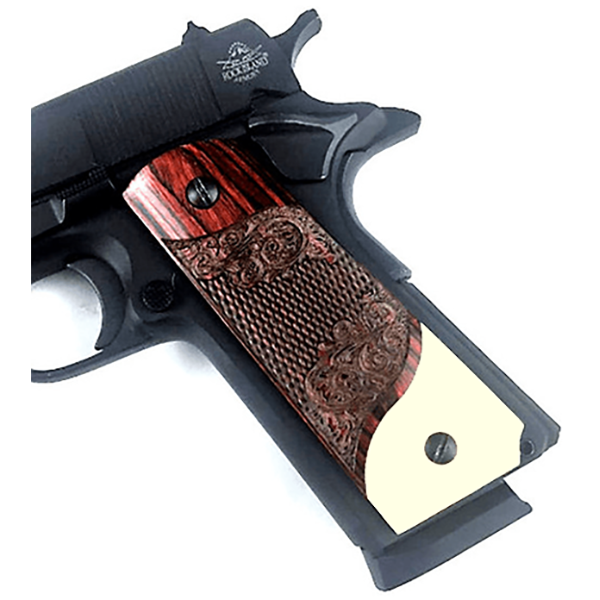 **1911 Full Size Checkered & Engraved Rosewood Grips w/ Acrylic Ivory Accent - WoodWorld of Texas