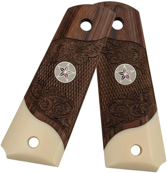 **1911 Full Size Checkered & Engraved Rosewood Grips w/ Acrylic Ivory Accent Texas Star Medallion - WoodWorld of Texas