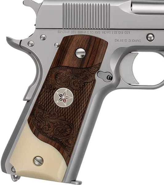 **1911 Full Size Checkered & Engraved Rosewood Grips w/ Acrylic Ivory Accent Texas Star Medallion - WoodWorld of Texas