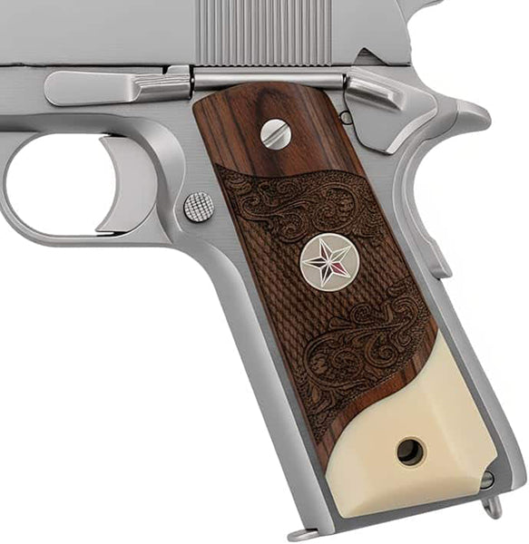 **1911 Full Size Checkered & Engraved Rosewood Grips w/ Acrylic Ivory Accent Texas Star Medallion - WoodWorld of Texas