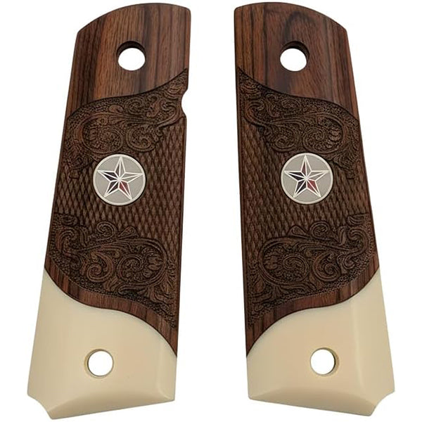 **1911 Full Size Checkered & Engraved Rosewood Grips w/ Acrylic Ivory Accent Texas Star Medallion - WoodWorld of Texas
