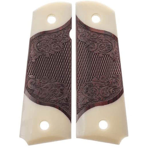 **1911 Full Size Checkered & Engraved Rosewood Grips w/ Acrylic Ivory Accents - 2X - WoodWorld of Texas