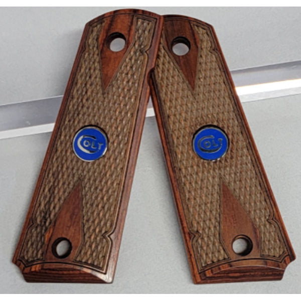 1911 Full Size Double Diamond Checkered Rosewood Grips with Colt Logo Blue Medallion - WoodWorld of Texas