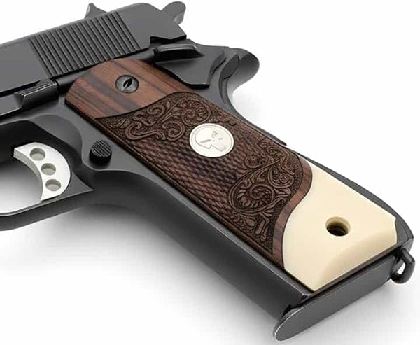 **1911 Full Size Checkered & Engraved Rosewood Grips w/ Acrylic Ivory Accent Punisher Silver Medallion - WoodWorld of Texas