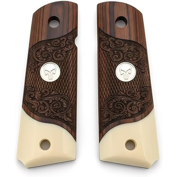 **1911 Full Size Checkered & Engraved Rosewood Grips w/ Acrylic Ivory Accent Punisher Silver Medallion - WoodWorld of Texas