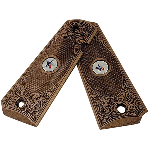 1911 Full Size Grips Unfinished Walnut Checkered in Oval and Scrollwork and a Texas Star Medallion - WoodWorld of Texas