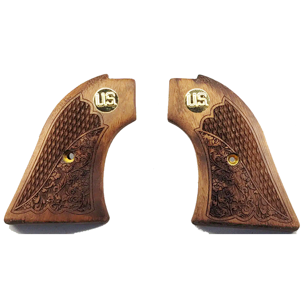 **Heritage Arms Rough Rider 6 & 9 Shot Grips Unfinished Walnut with Checkering and Carved Oak Leaf Scroll Work & U.S. Gold Medallion Grips