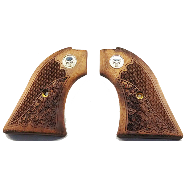 **Heritage Arms Rough Rider 6 & 9 Shot Grips Unfinished Walnut with Checkering and Carved Oak Leaf Scroll Work & Punisher Silver Medallion Grips