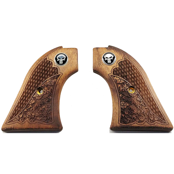 **Heritage Arms Rough Rider 6 & 9 Shot Grips Unfinished Walnut with Checkering and Carved Oak Leaf Scroll Work & Punisher Black Medallion Grips