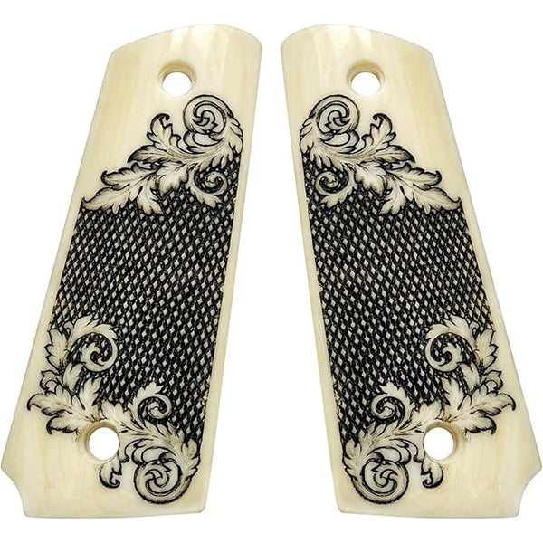1911 Full Size Acrylic Faux Ivory Scrimshaw with Scrollwork Gun Grips