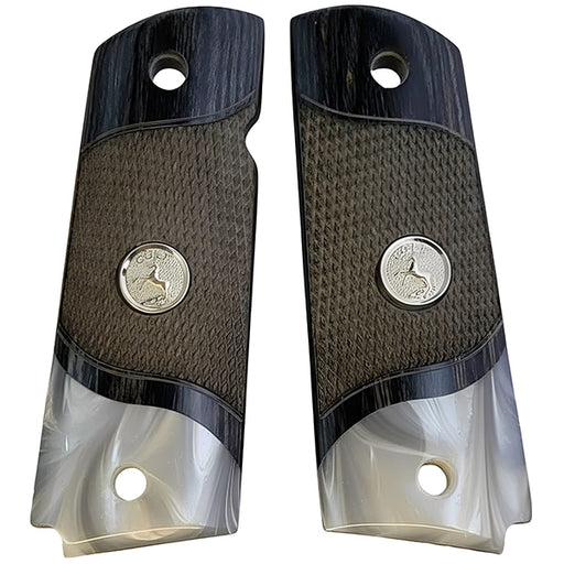 Black Rosewood 1911 Full Size Checkered Grips Pearl Accent w/ Colt Rampant Horse Silver Black Medallion - WoodWorld of Texas