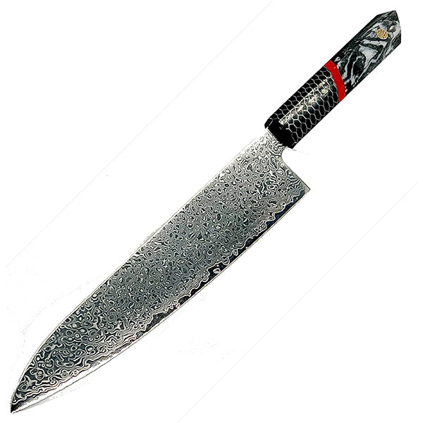 Tsunami Chef Knife 9" - Complete Knife with Honeycomb / Black & White Resin Octagonal Handles and Mosaic Pin - VG-10 Damascus Steel