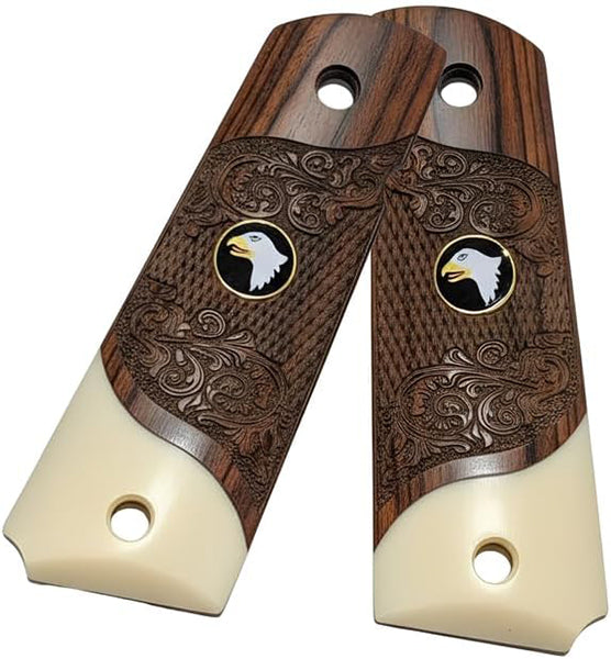 **1911 Full Size Checkered & Engraved Rosewood Grips w/ Acrylic Ivory Accent Screaming Eagle Medallion - WoodWorld of Texas