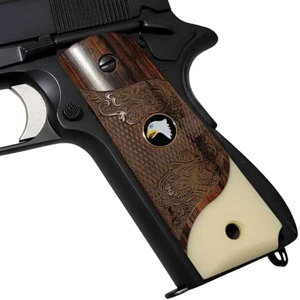 **1911 Full Size Checkered & Engraved Rosewood Grips w/ Acrylic Ivory Accent Screaming Eagle Medallion - WoodWorld of Texas