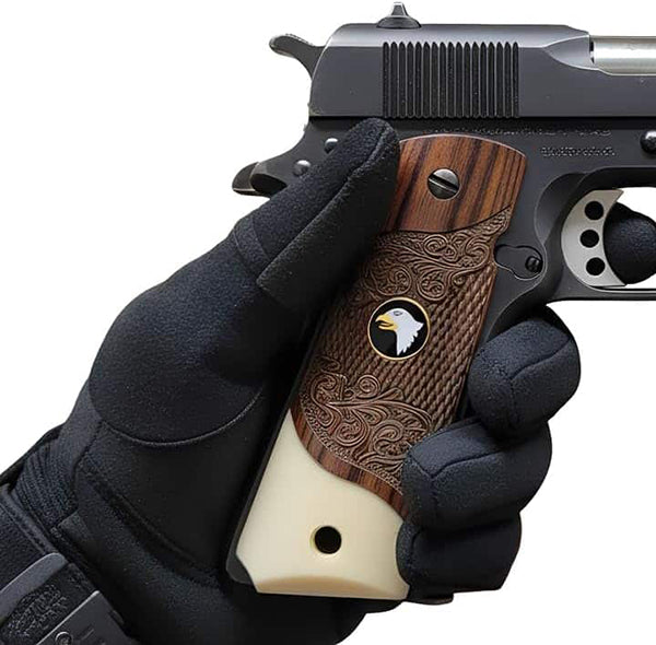**1911 Full Size Checkered & Engraved Rosewood Grips w/ Acrylic Ivory Accent Screaming Eagle Medallion - WoodWorld of Texas