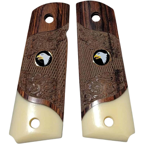 **1911 Full Size Checkered & Engraved Rosewood Grips w/ Acrylic Ivory Accent Screaming Eagle Medallion - WoodWorld of Texas