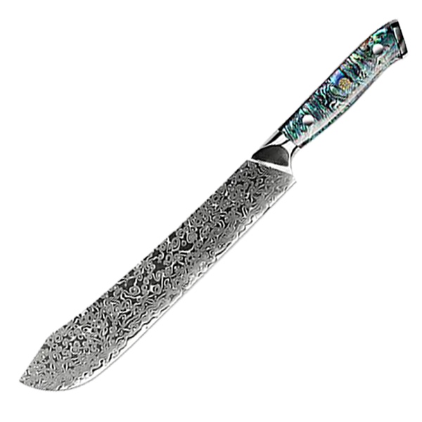 Awabi Butcher Knife II - Complete Knife with Abalone in Resin Handles and Mosaic Pin - AUS-10 Damascus Steel