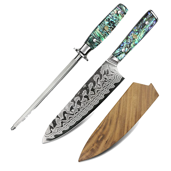 Awabi Gyuto Chef Knife with Steel and Wood Blade Cover - Complete Knife with Abalone in Resin Handles and Mosaic Pin - AUS-10 Damascus Steel